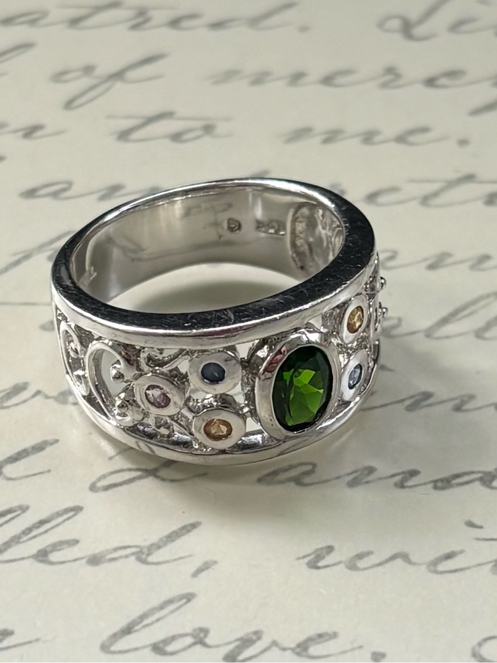 925 Sterling Silver Multi Gemstone Wide Band Ring